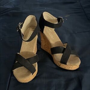 Toms Black Wedge Sandals with Cork Heel